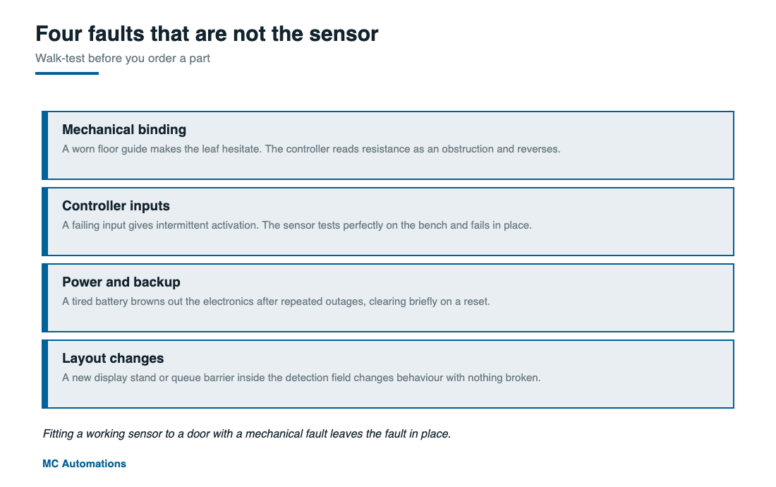 Mechanical binding, controller inputs, power backup and layout changes mimic an automatic door sensor fault