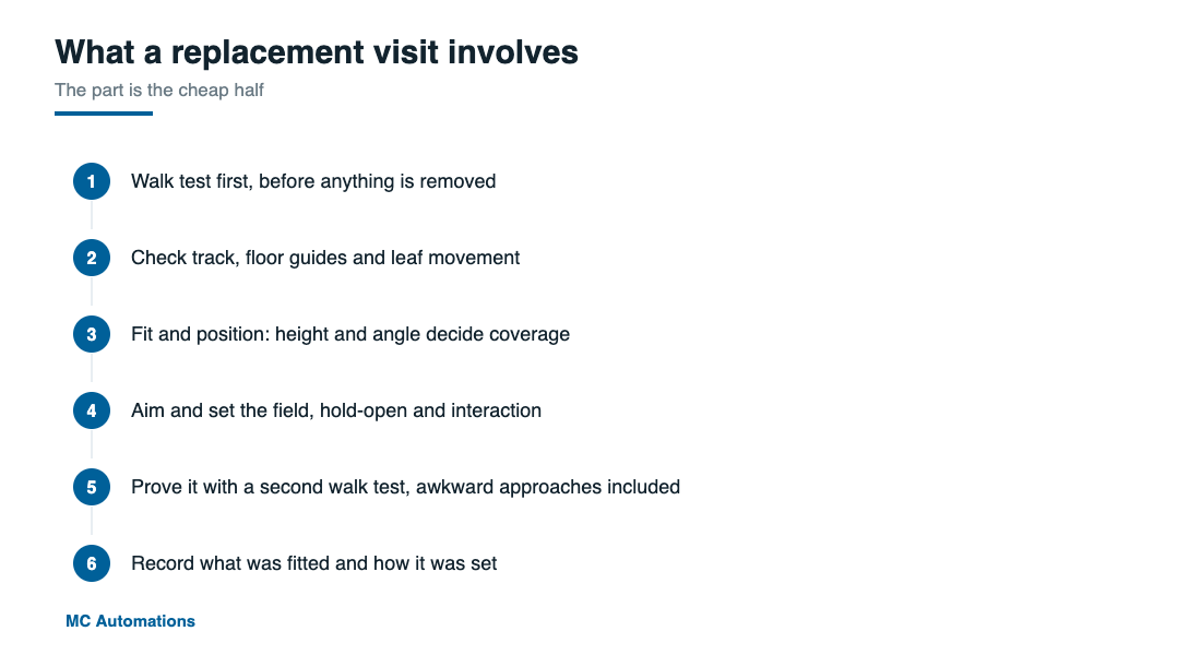 Six steps in an automatic door sensor replacement visit from walk test to record