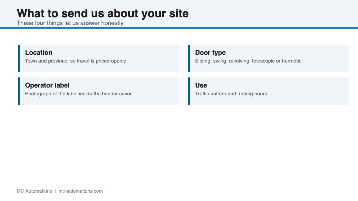 Information needed for automatic door service areas enquiries