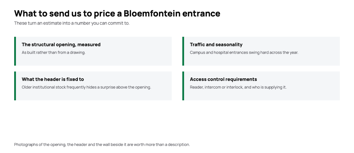 Diagram of the information needed to quote an automatic door in Bloemfontein