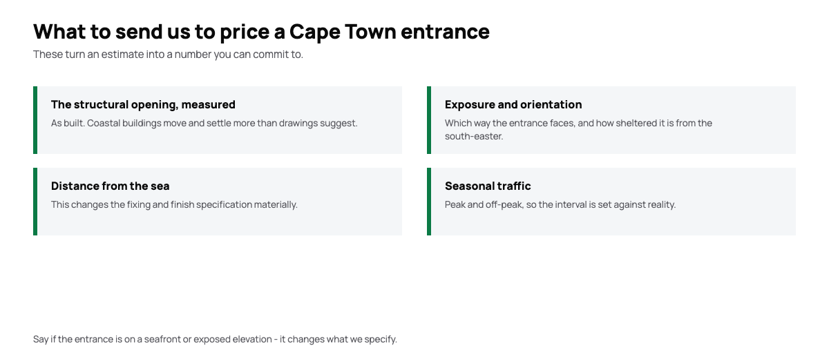 Diagram of the information needed to quote an automatic door in Cape Town