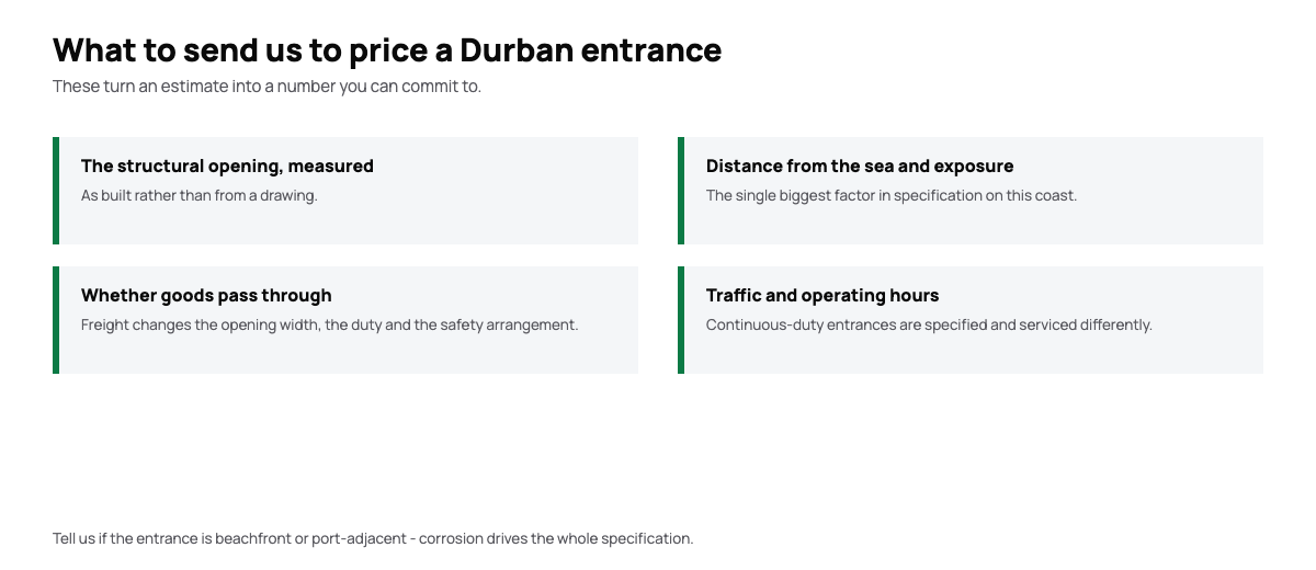 Diagram of the information needed to quote an automatic door in Durban