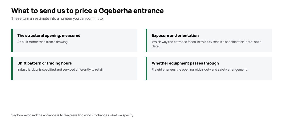 Diagram of the information needed to quote an automatic door in Gqeberha