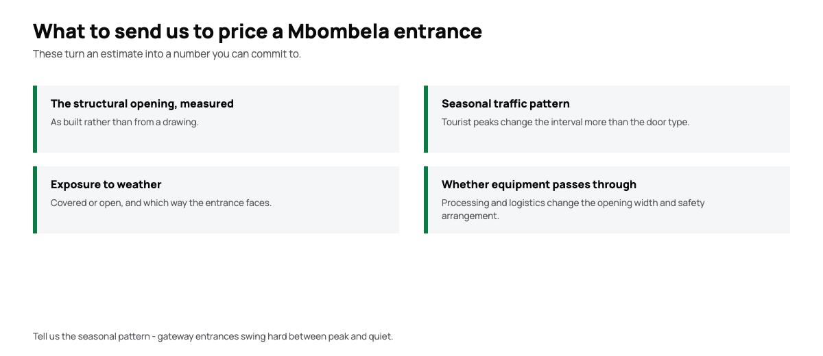 Diagram of the information needed to quote an automatic door in Mbombela