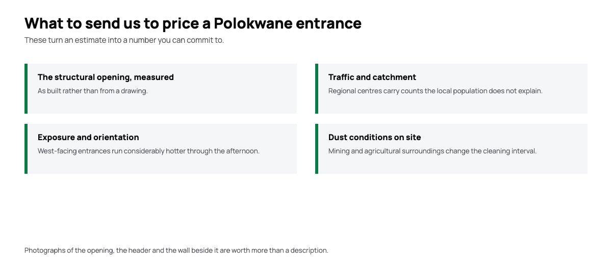 Diagram of the information needed to quote an automatic door in Polokwane