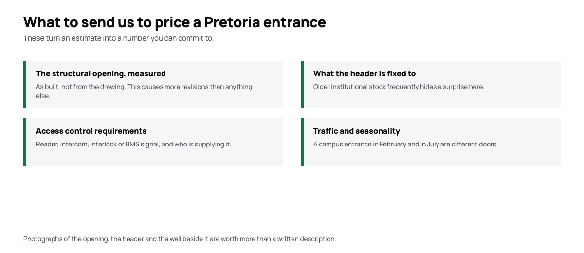 Diagram of the information needed to quote an automatic door in Pretoria