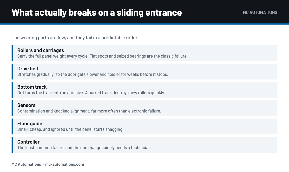Automatic Sliding Door Repair: What Breaks and What It Takes Wearing parts that need automatic sliding door repair