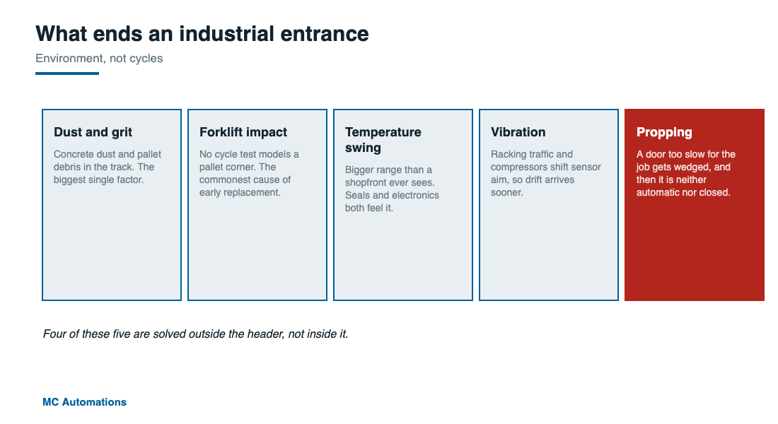 Dust, forklift impact, temperature swing, vibration and propping end industrial entrances