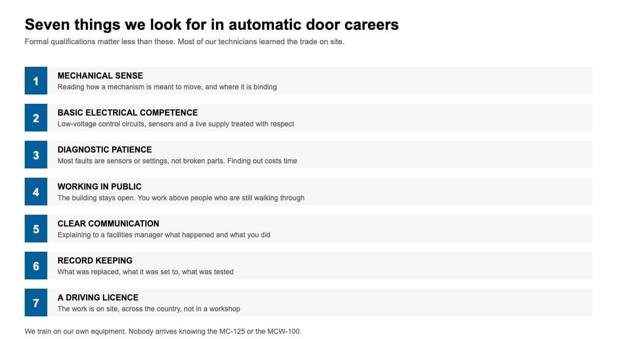 Automatic door careers diagram of seven skills MC Automations looks for