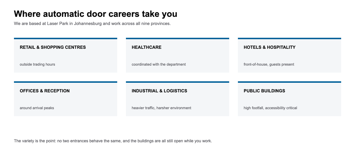 Automatic door careers diagram of the sectors technicians work across