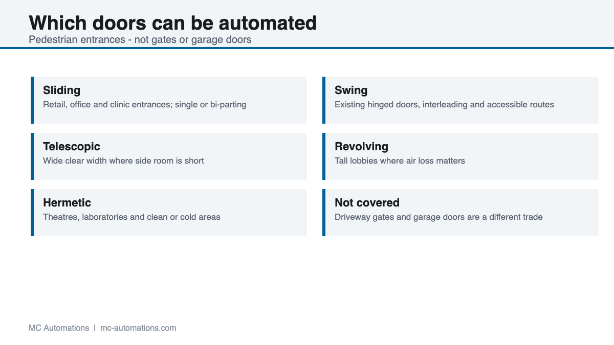 Door types suited to door automation