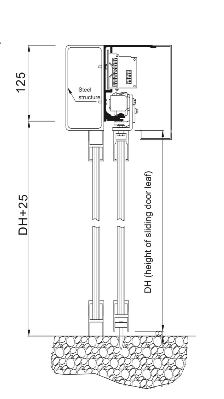 MC-125 Automatic Sliding Door Operator Vertical section through the MC-125 operator header showing the 125 mm header carried on a steel structure, with the sliding leaf height DH plus 25 mm to finished floor