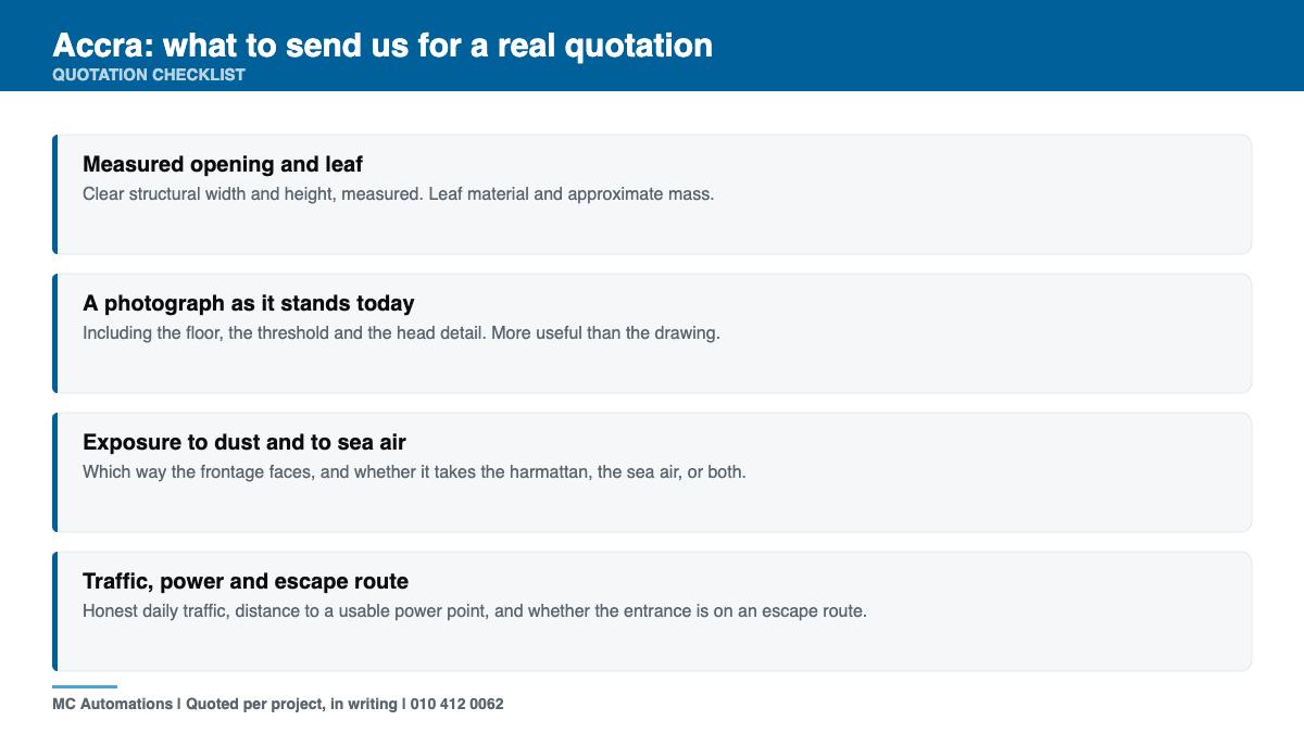 Automatic Door Operators Accra | Supply from South Africa automatic door operators Accra quotation checklist for a Accra entrance