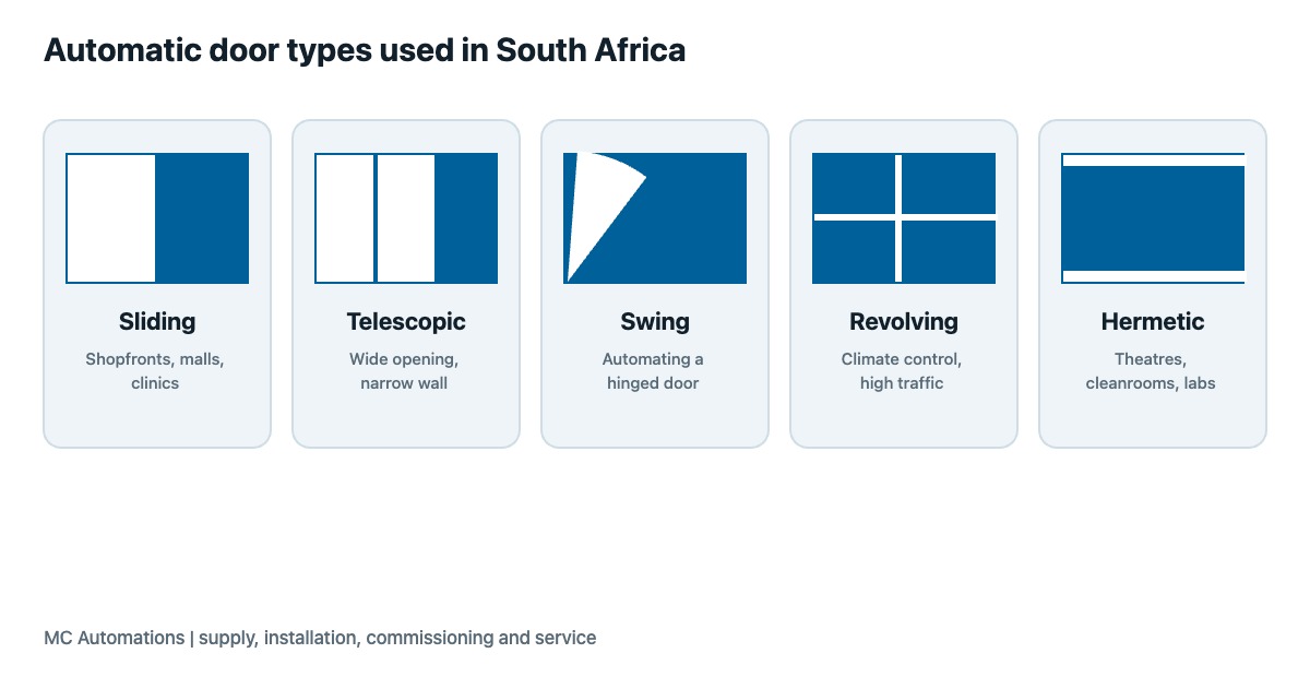 Automatic doors South Africa: sliding, telescopic, swing, revolving and hermetic door types