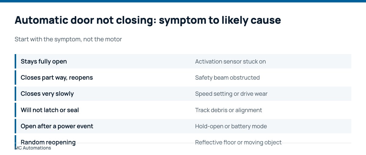Causes of an automatic door not closing, by symptom