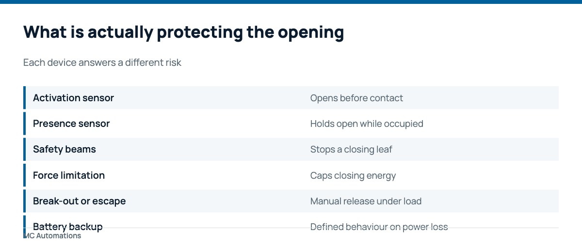Devices behind automatic door safety requirements on a powered entrance