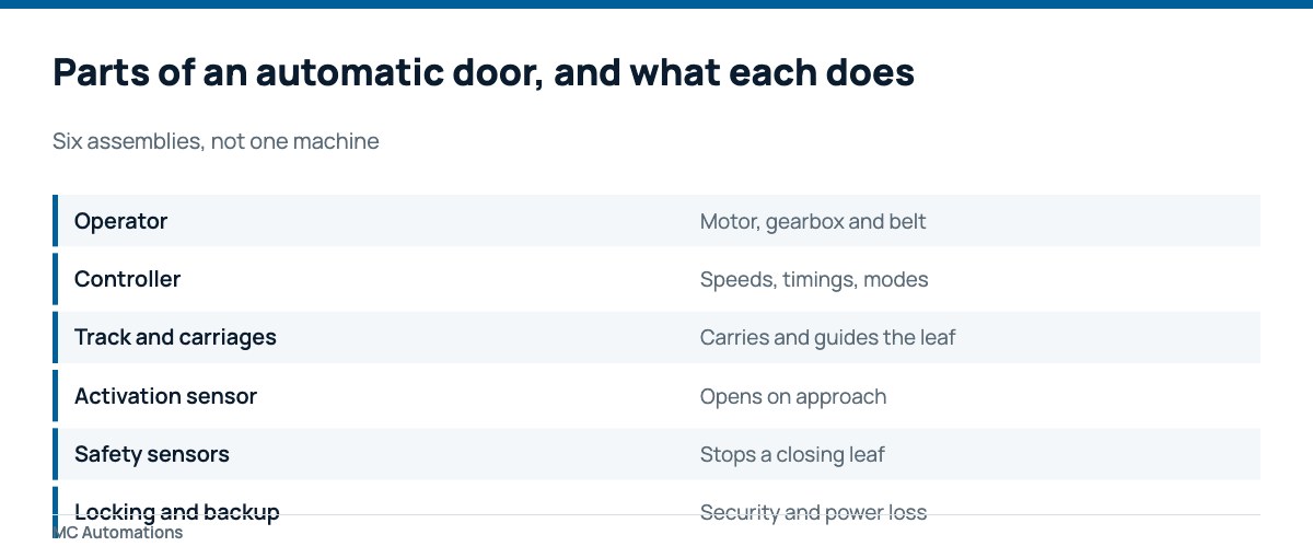 The main parts of an automatic door and what each does
