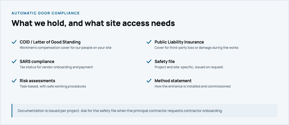 Automatic door compliance framework: COID, public liability, SARS and safety files