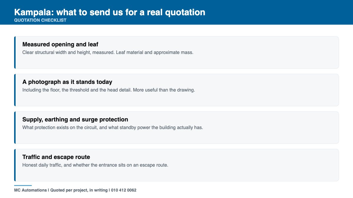Automatic Door Operators Kampala | Supply from South Africa automatic door operators Kampala quotation checklist for a Kampala entrance