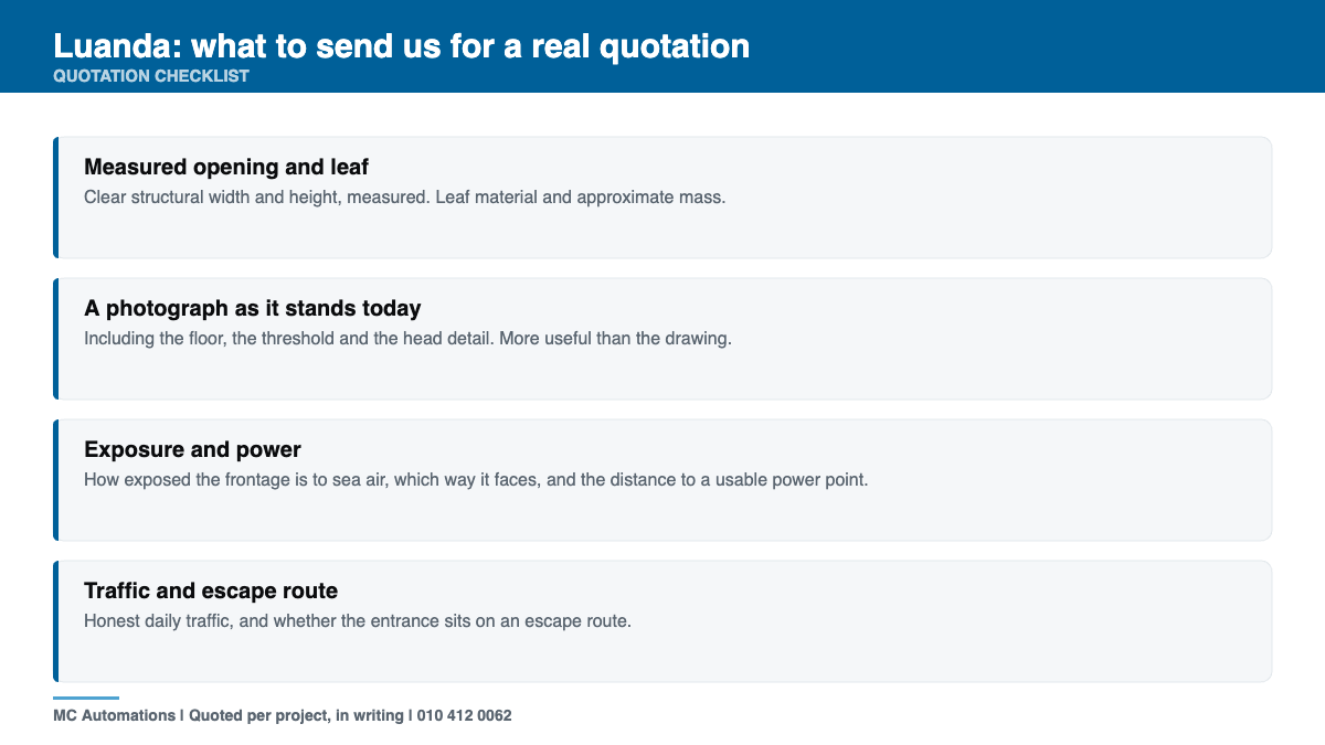 Automatic Door Operators Luanda | Supply from South Africa automatic door operators Luanda quotation checklist for a Luanda entrance
