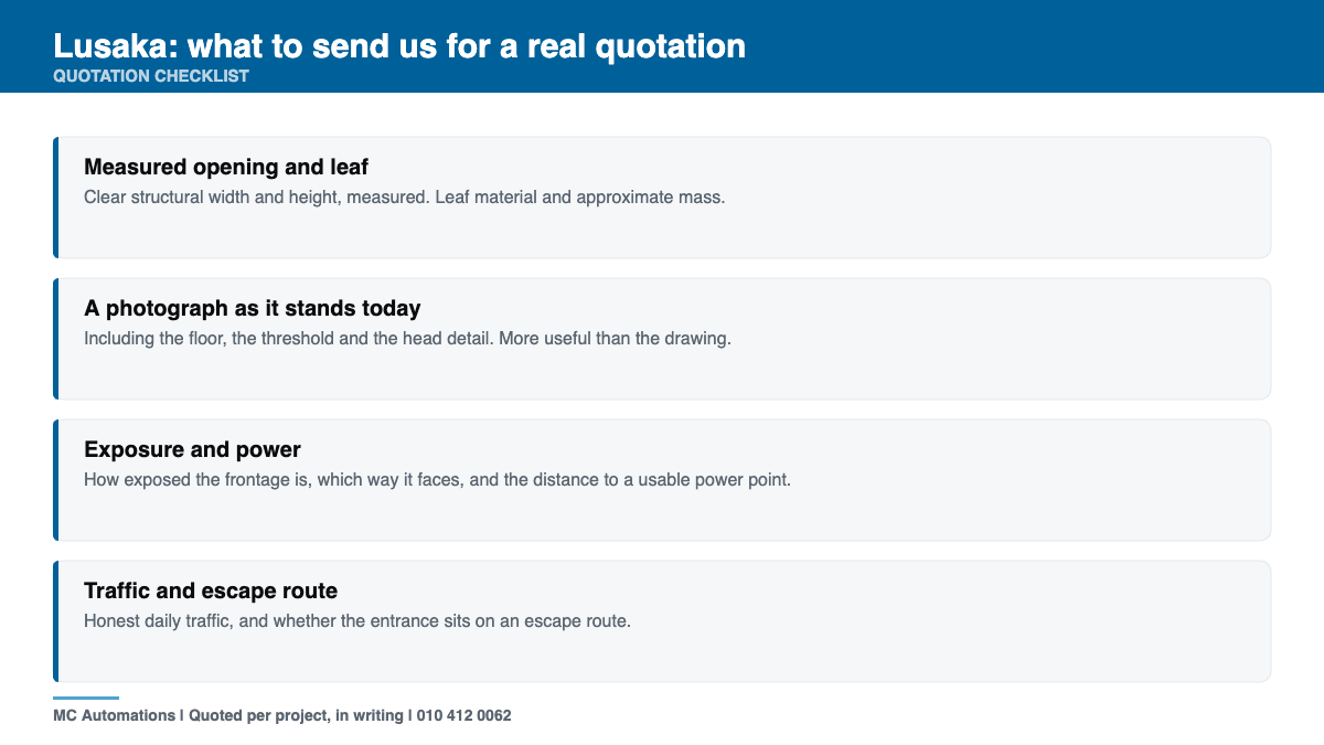 automatic door operators Lusaka quotation checklist for a Lusaka entrance