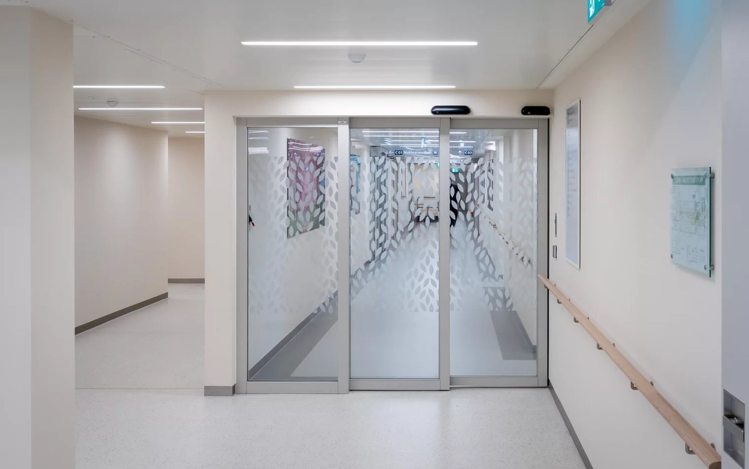 Telescopic sliding doors installed in a hospital corridor