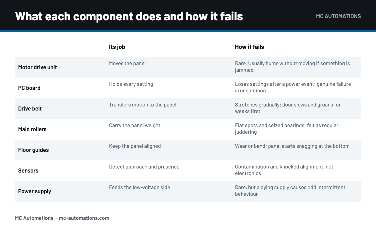 Sliding door automation kit components and how each one fails