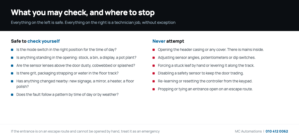 Safe checks in automatic door troubleshooting compared with the adjustments that must be left to a technician